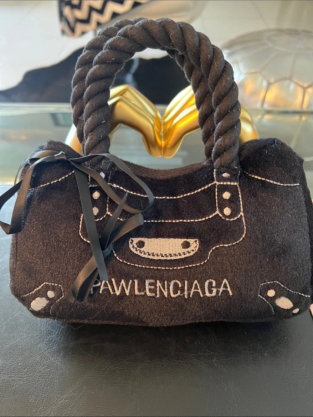 PALENCIAGA NWT Black Plush HANDBAG Dog Toy with Rope Handle for large dogs.